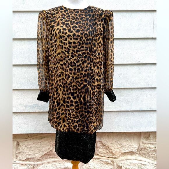***Chez California Vintage Tandy Cheetah Printed Dress Sequins Hem/Cuff (D) - Picture 1 of 10